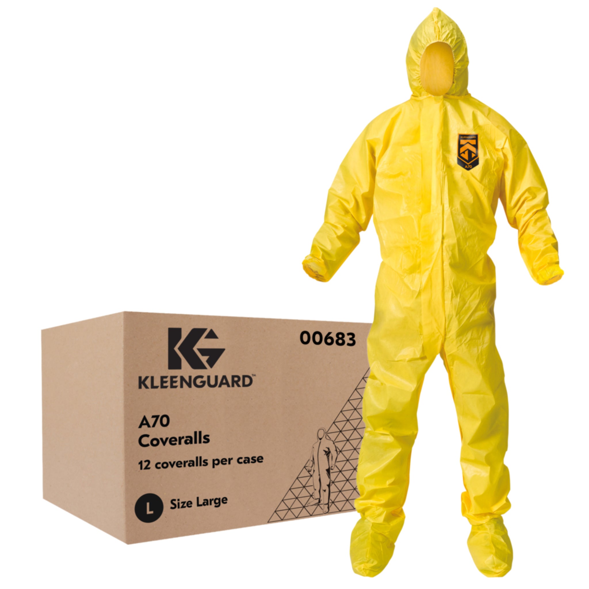 KIMBERLY-CLARK Kleenguard A70 00683 Chemical Spray Protection Coverall - MED with Bound Seams, Yellow, Large, Case of 12