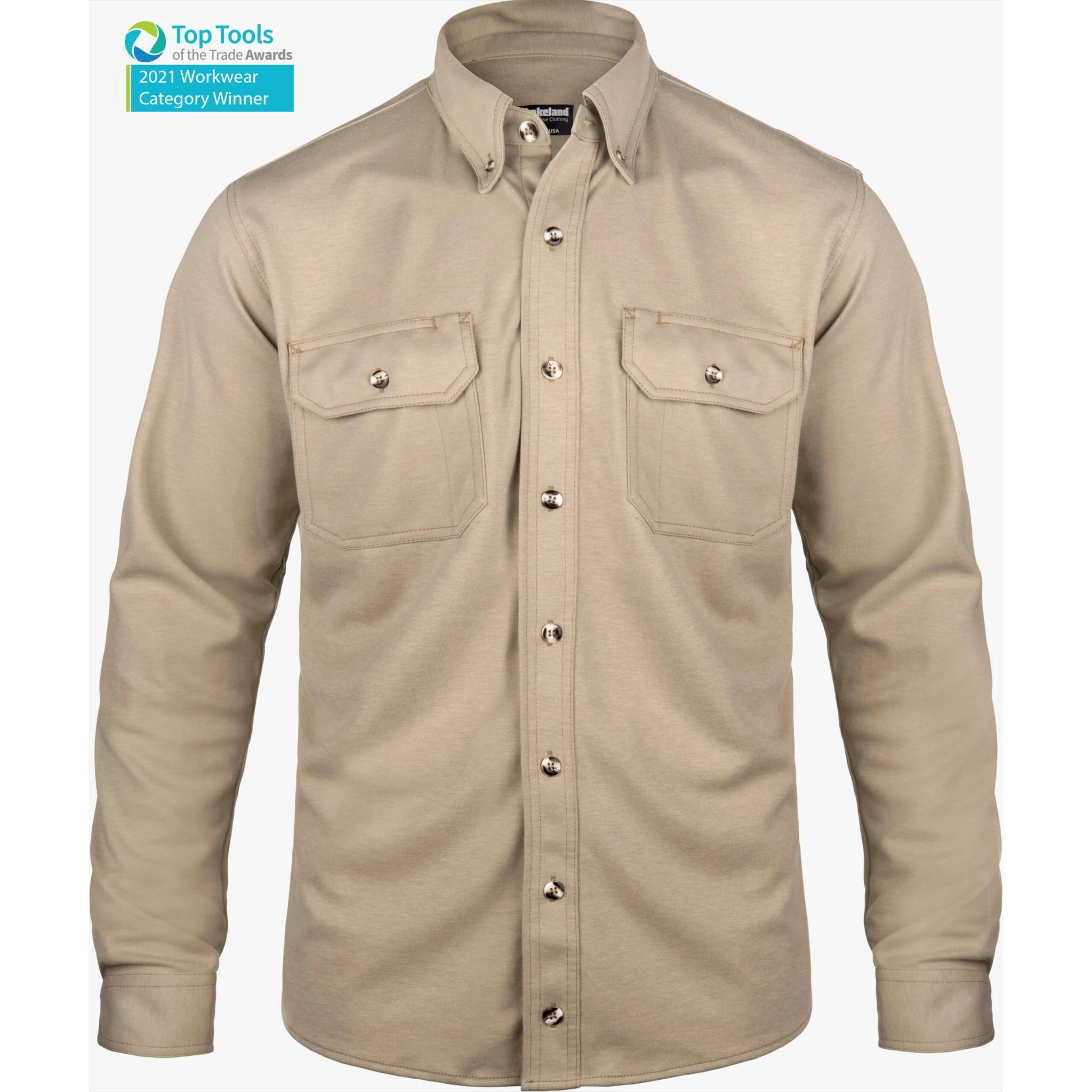 LAKELAND ISHAT20 FR Knit Button Up Shirt, Khaki, 1 Each