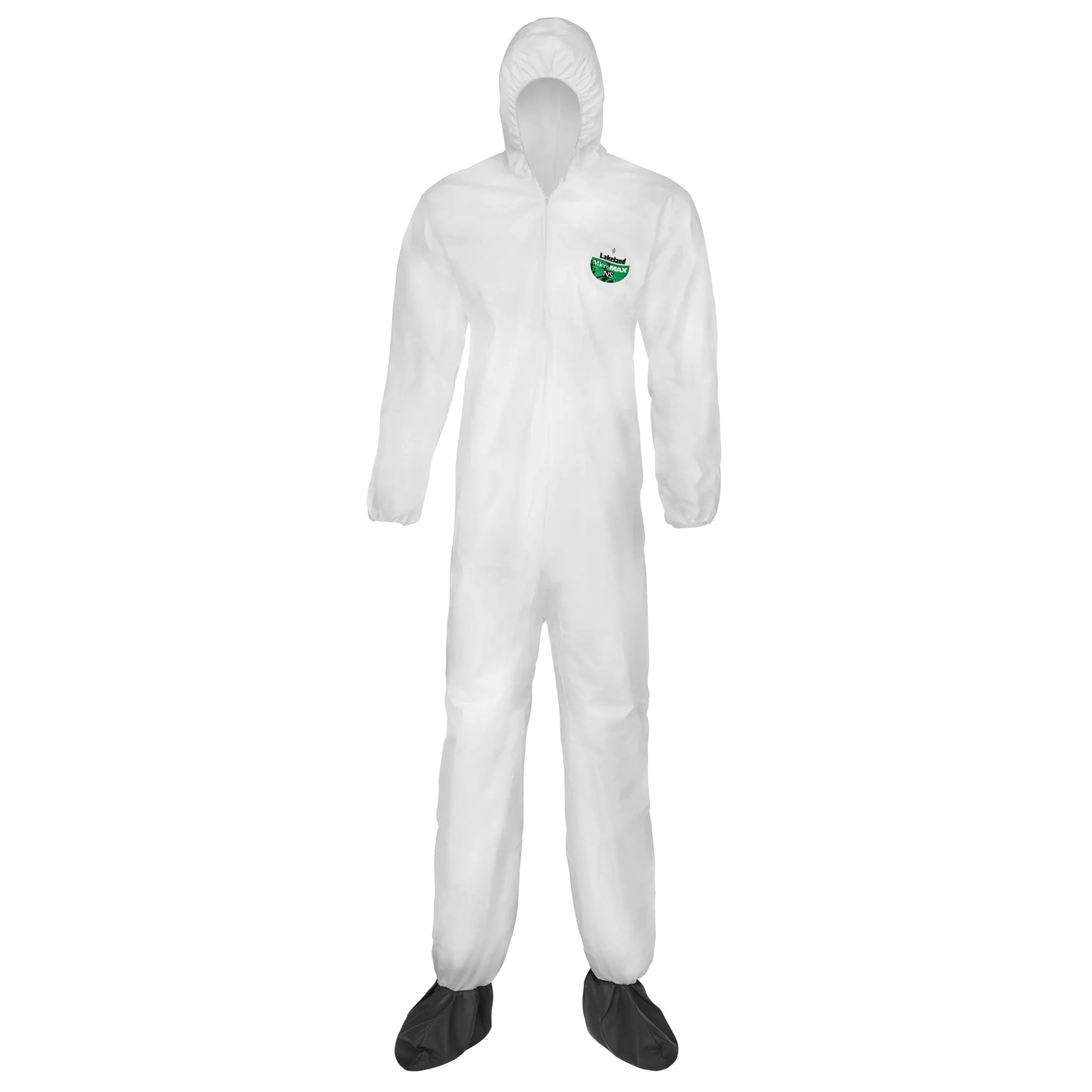 Lakeland MicroMax NS MNSA414 ANSI Pattern Disposable Coveralls with Attached hood, Non-skid Boots, Serged Seam, Zipper Close, White, Main Image