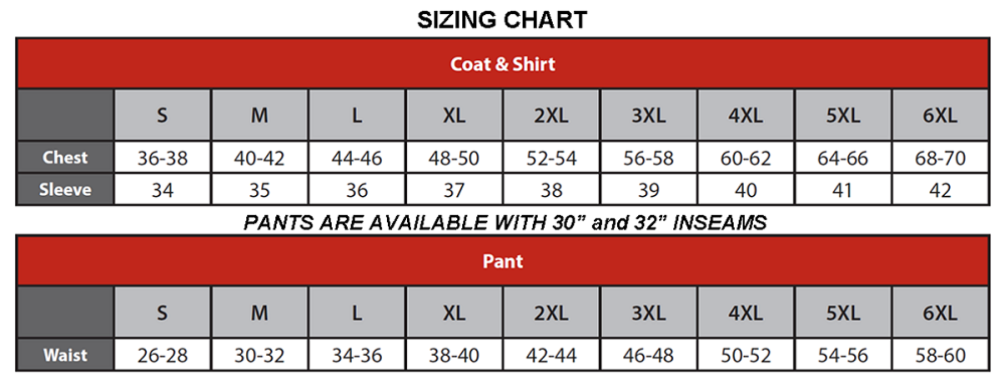 Lakeland WLSCTI26 OSX Indura Cotton Wildland Fire Coat, 1 Each, Size Chart