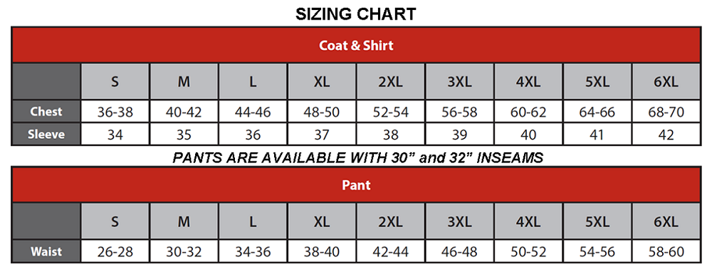 Lakeland WLSCVI26 OSX Indura Cotton Wildland Fire Jumpsuit, 1 Each, Sizing Chart