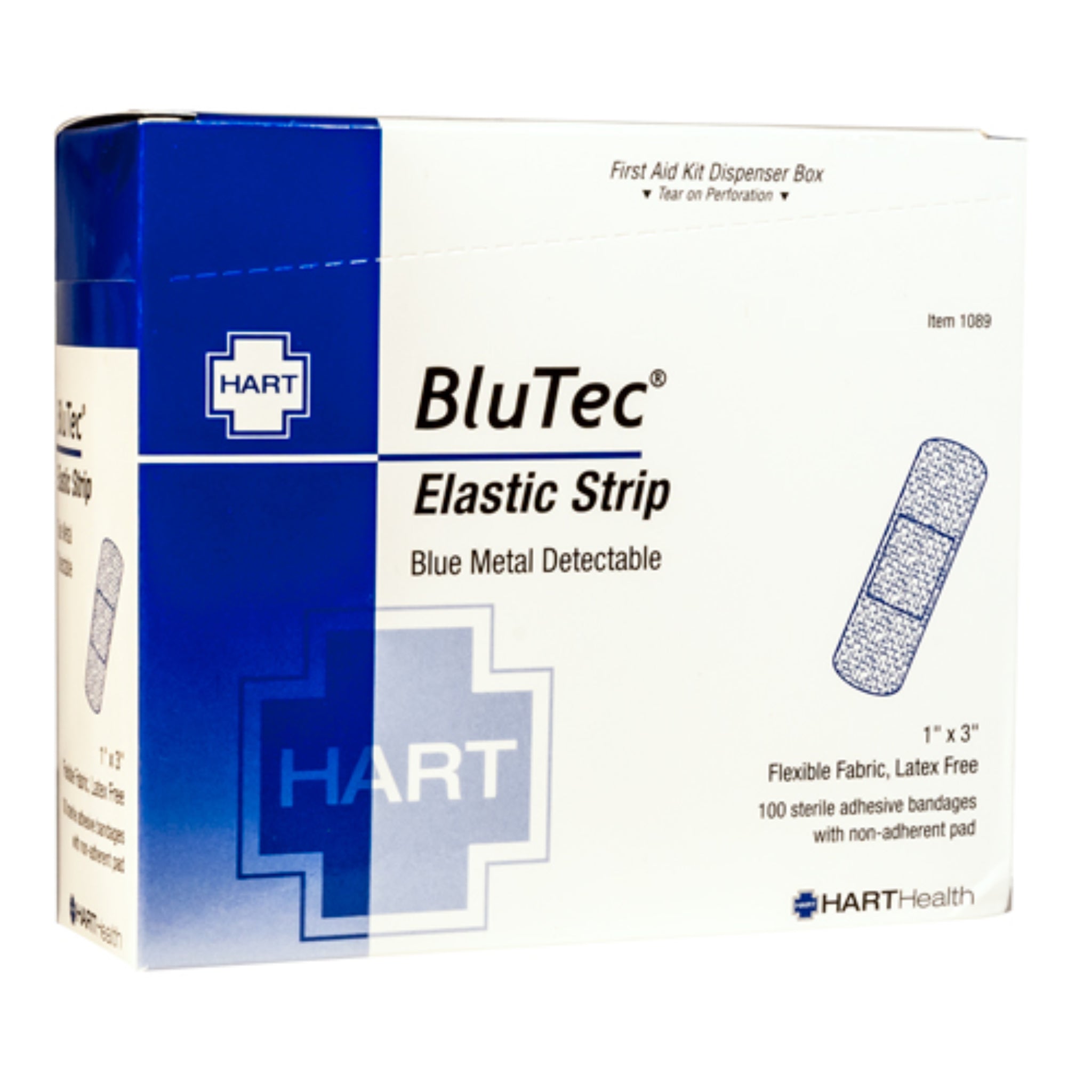 Hart Health Blutec 1089HT Metal Detectable Elastic Adhesive Bandage Strip, 1" x 3", Box of 100