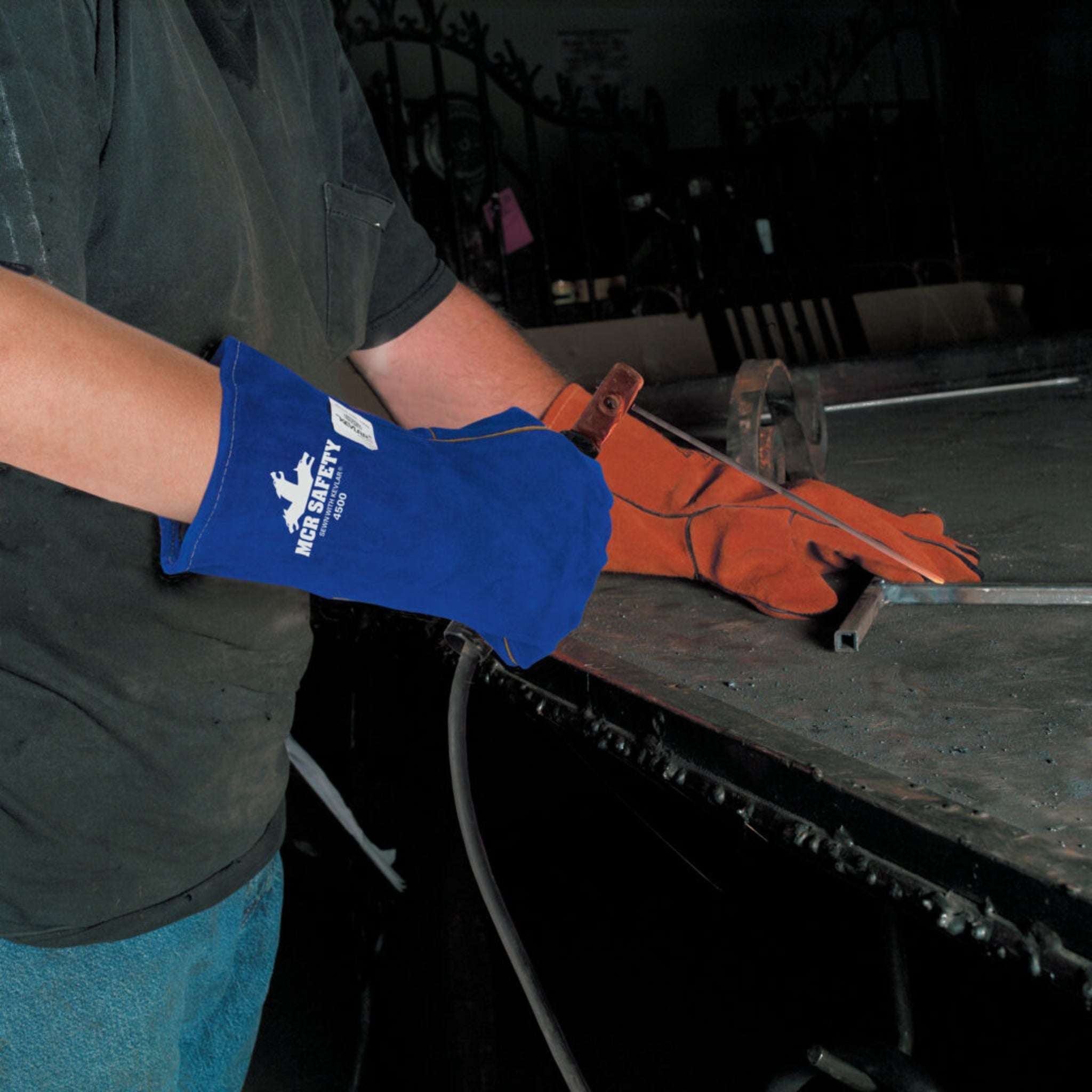 MCR Safety 4500 Foam Lined Select Shoulder Leather Welding Work Gloves, Blue, X-Large, 1 Pair, In Action