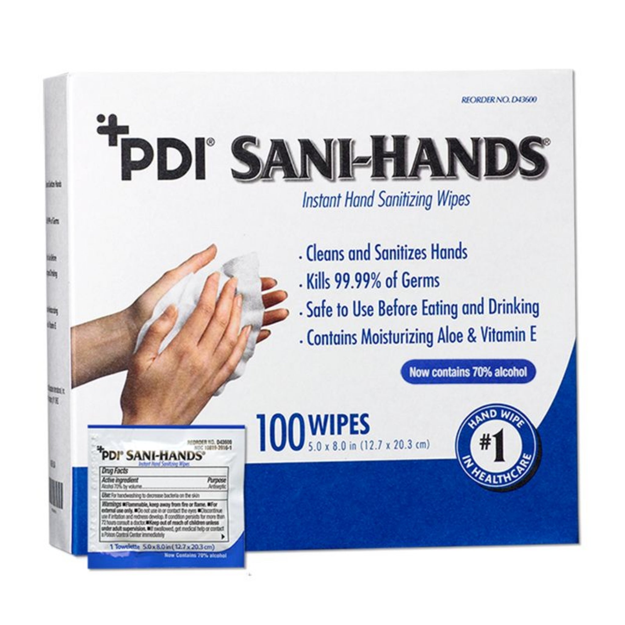 PDI D43600 Sani-Hands Instant Hand Sanitizing Wipes, Individually Packaged, White, Box of 100, Main Image