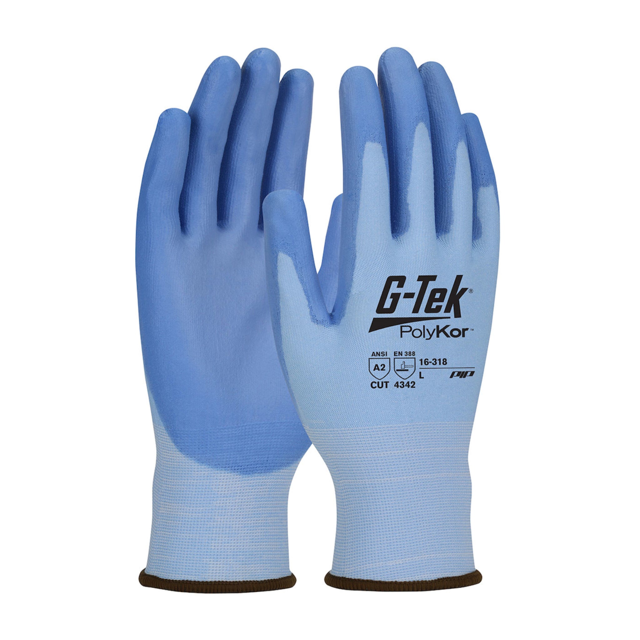 PIP G-Tek PolyKor 16-318V/XXL Seamless Knit PolyKor Blended Glove with Polyurethane Coated Grip, Vend Ready, Blue, 2X-Large, 1 Pair, Front and Back View