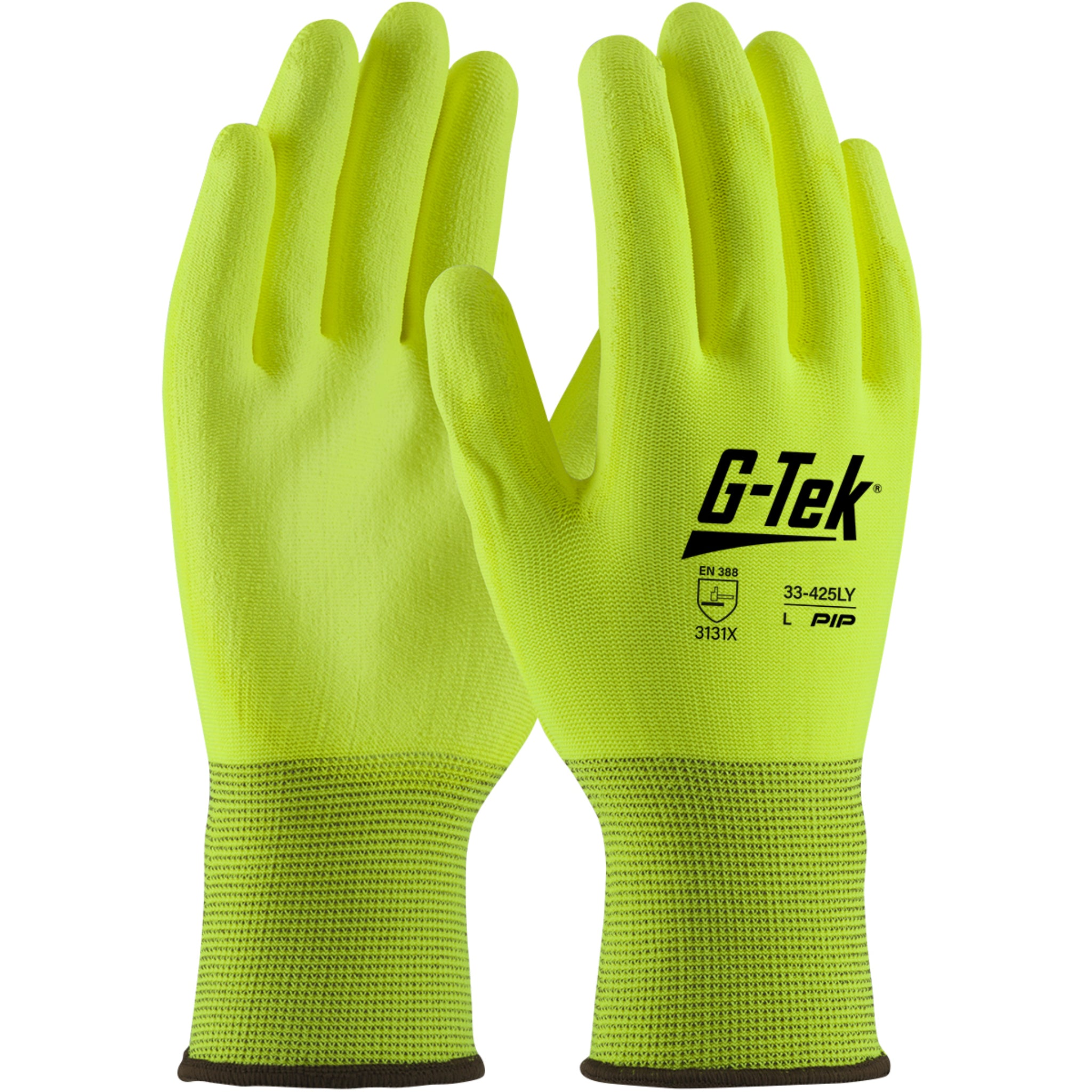 PIP G-Tek 33-425LY Seamless Knit Polyurethane Coated Smooth Grip Glove, Hi-Vis Yellow, Pair of 12, Main Image