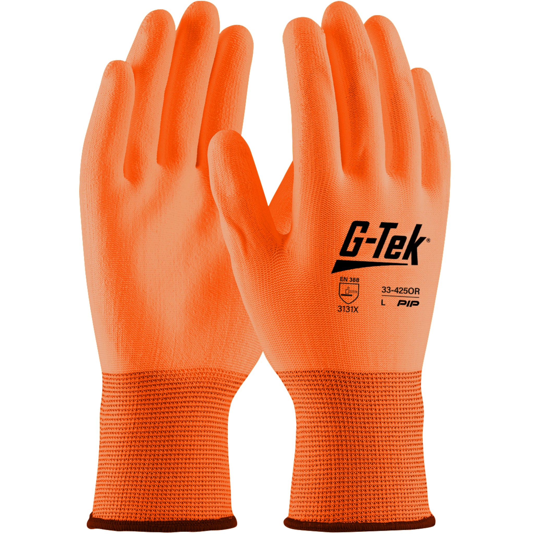 PIP G-Tek 33-425OR Seamless Polyurethane Coated Grip Glove, Hi Vis Orange, Pair of 12, Main Image