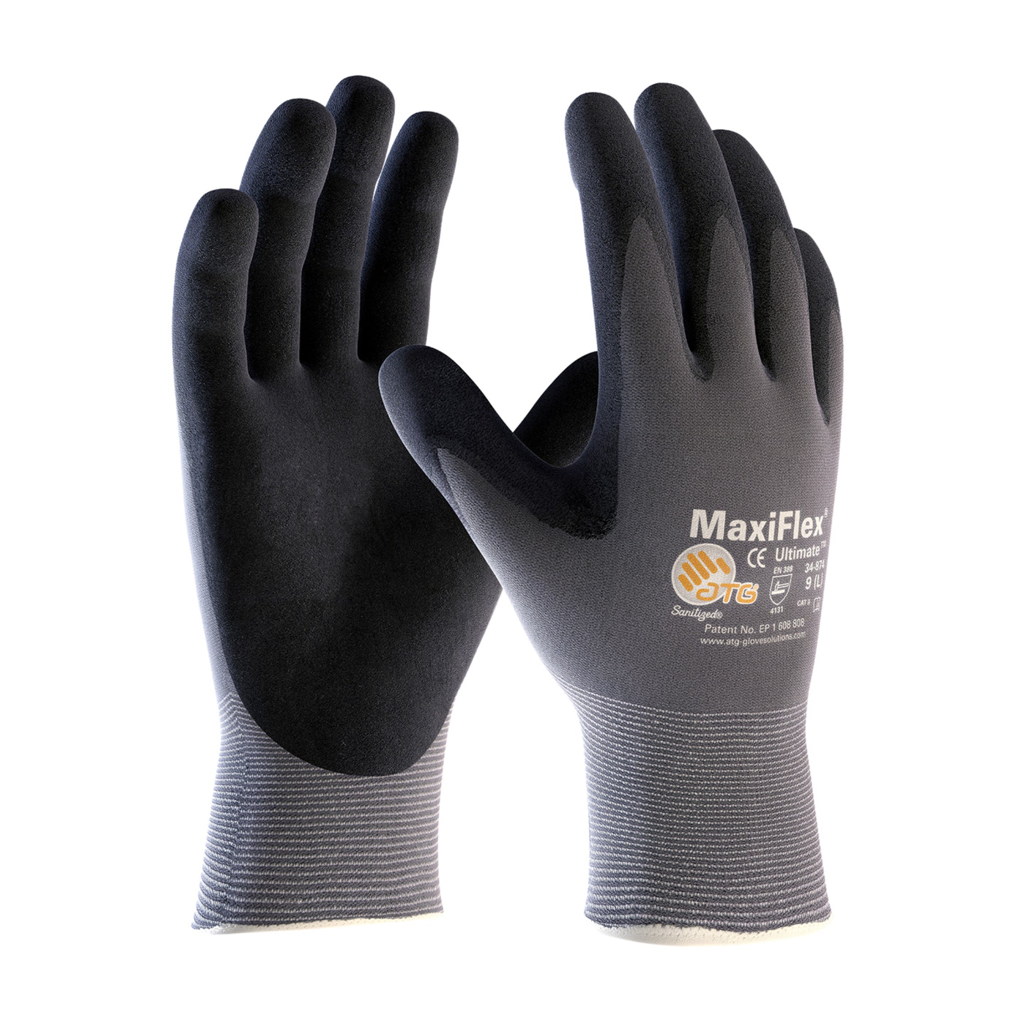 PIP ATG 34-874V MaxiFlex Ultimate Gloves with Nitrile Micro-Foam, Vend Pack, Gray, 1 Pair, Front and Back View