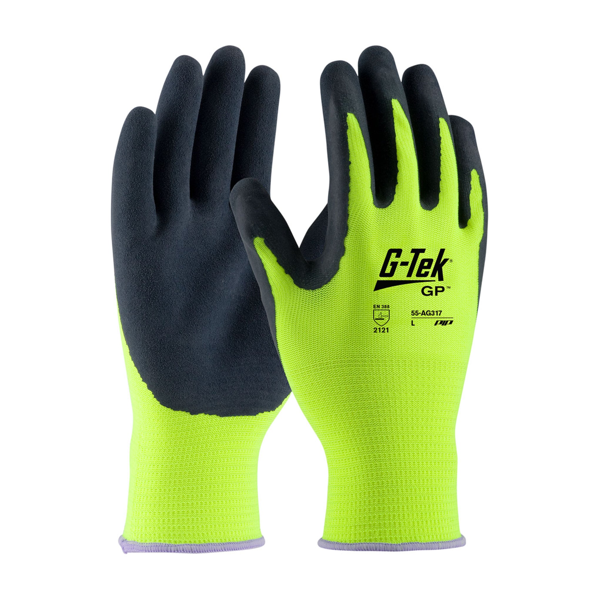 PIP G-Tek 55-AG317 High Visibility Seamless Knit Polyester Glove with Latex Coating, Hi Vis Yellow, Pair of 12, Main Image