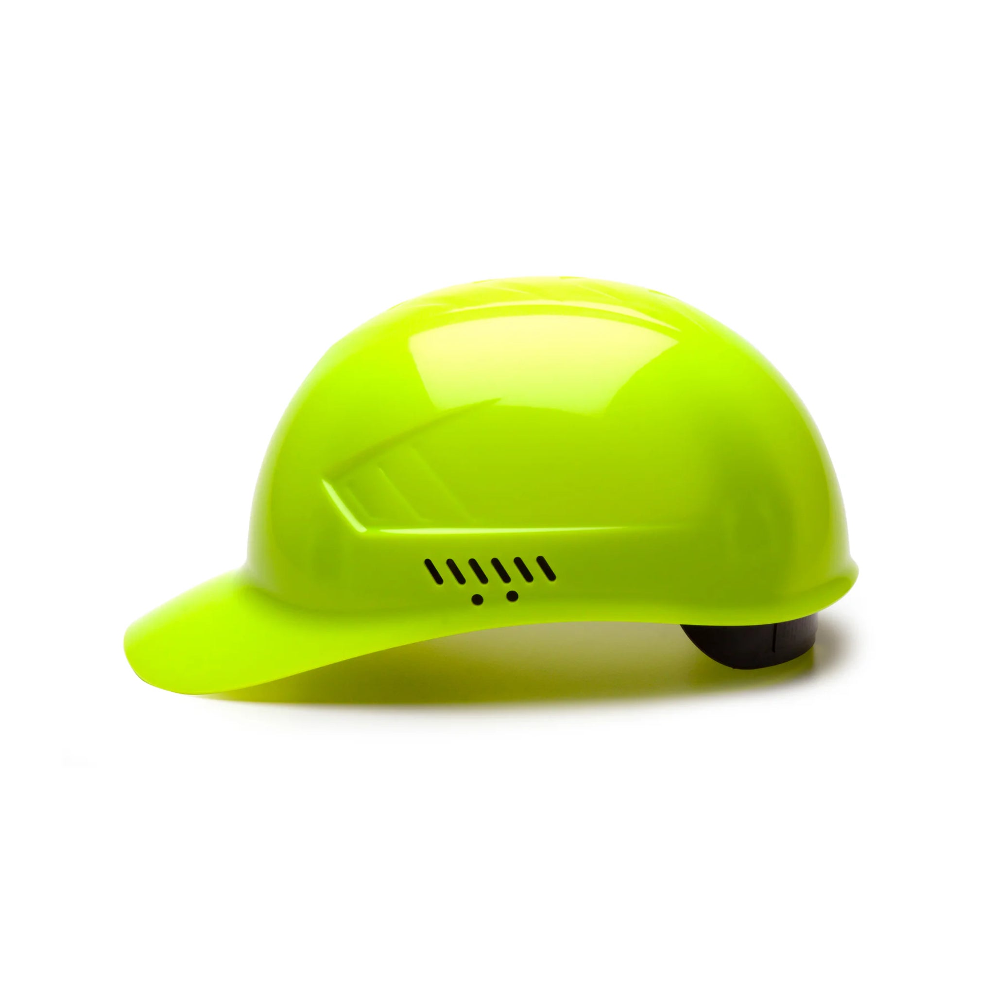 Pyramex Ridgeline HP400 Series Bump Cap, 4 Point Glide Lock Suspension, Hi-Vis Lime, Left Side View