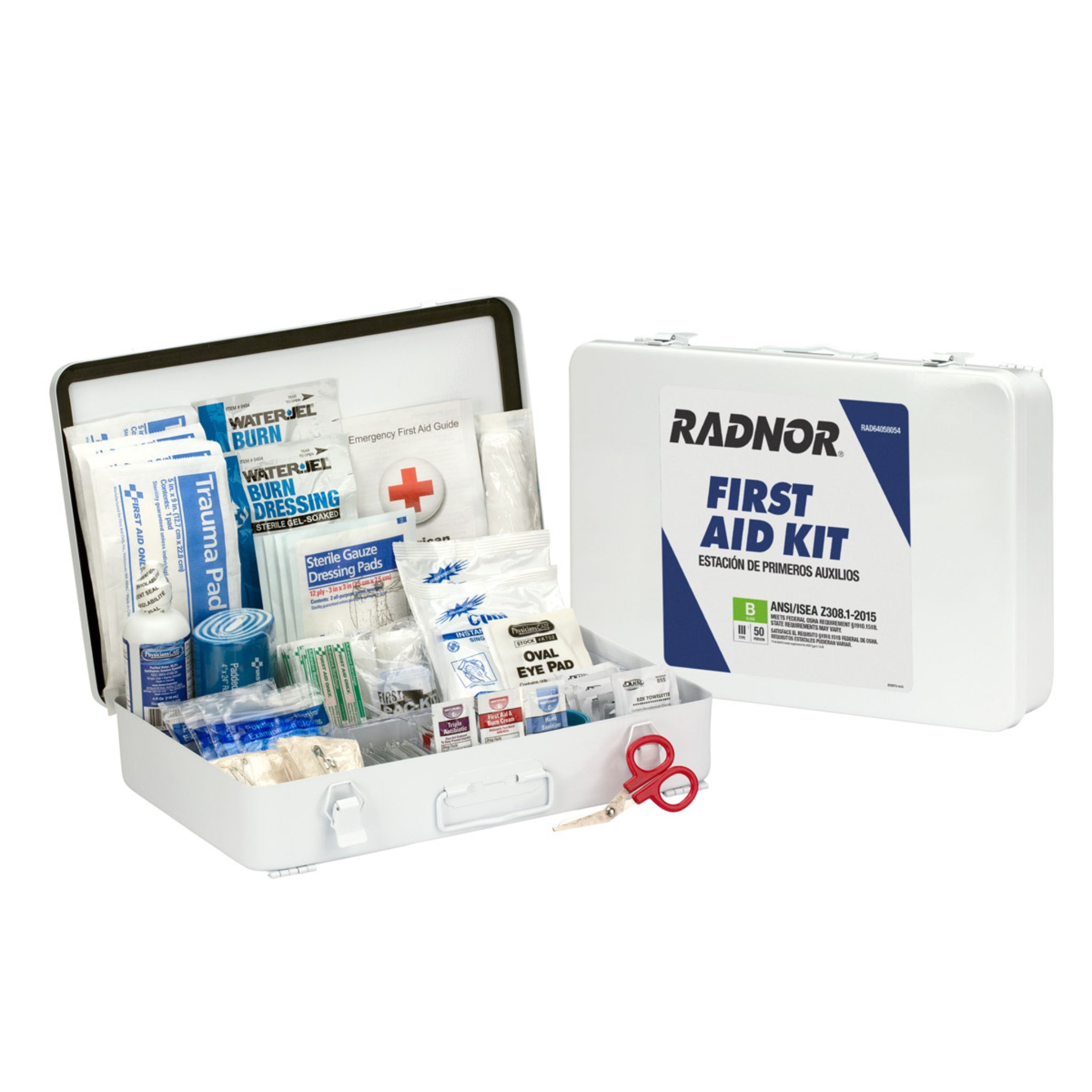 Radnor 64058054 195-Piece First Aid Kit for 50 Person, Metal, Portable or Wall Mount, White, 1 Each