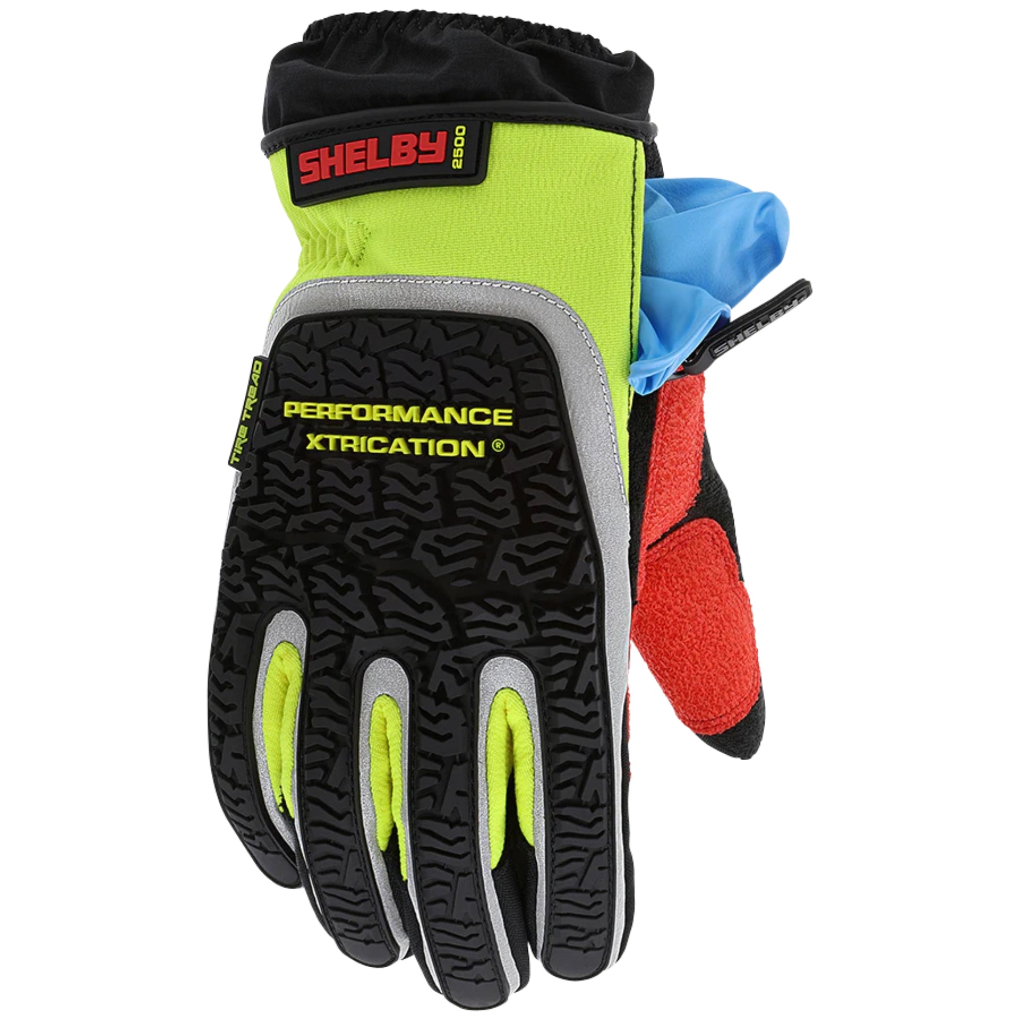 Shelby Xtrication 2500 Rescue Gloves, Chartreuse, 1 Pair, Back of Hand View