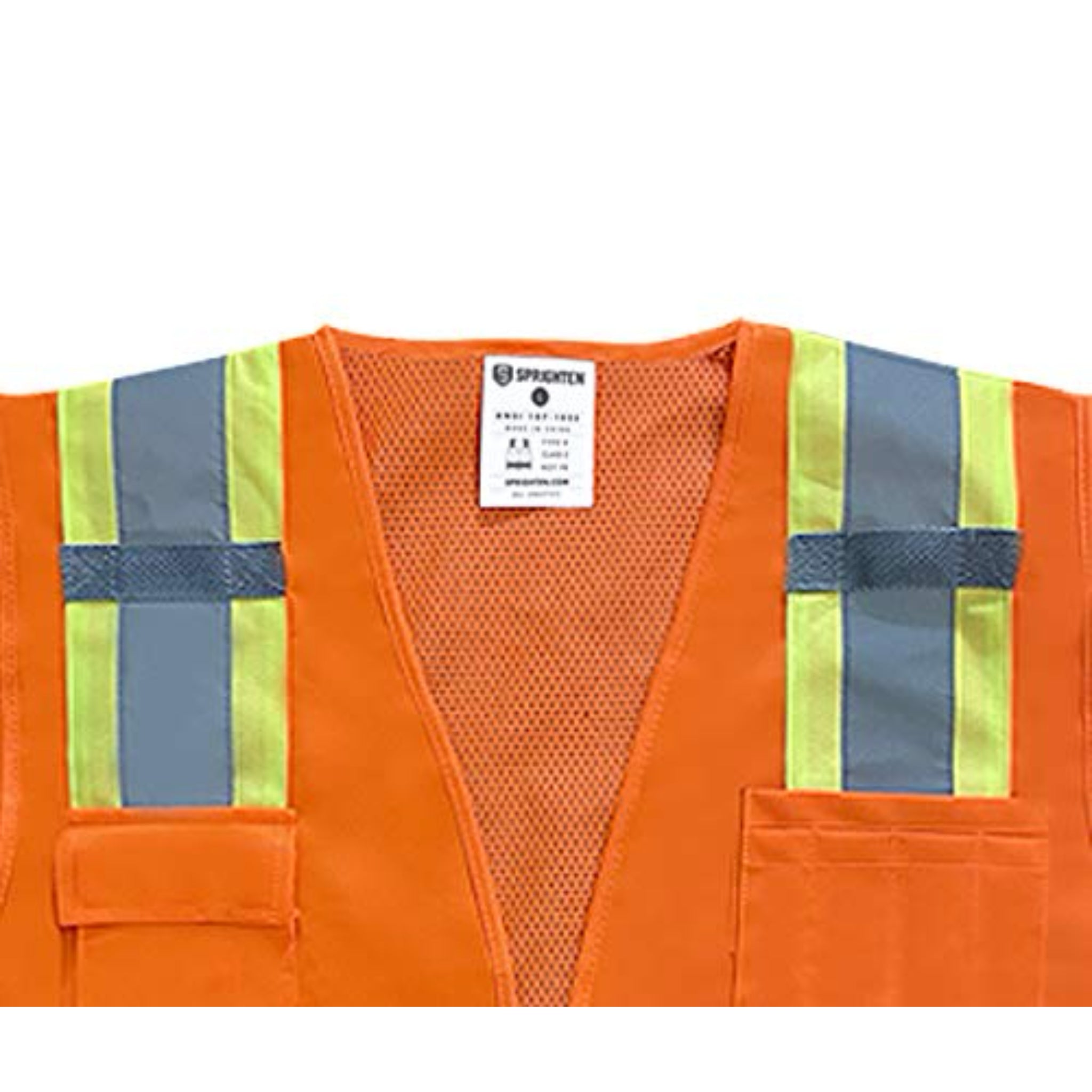 Safety Main 05TTSOZ Surveyor Vest, Class 2, Solid Front, Mesh Back, Hi-Vis Orange, Top View Detail