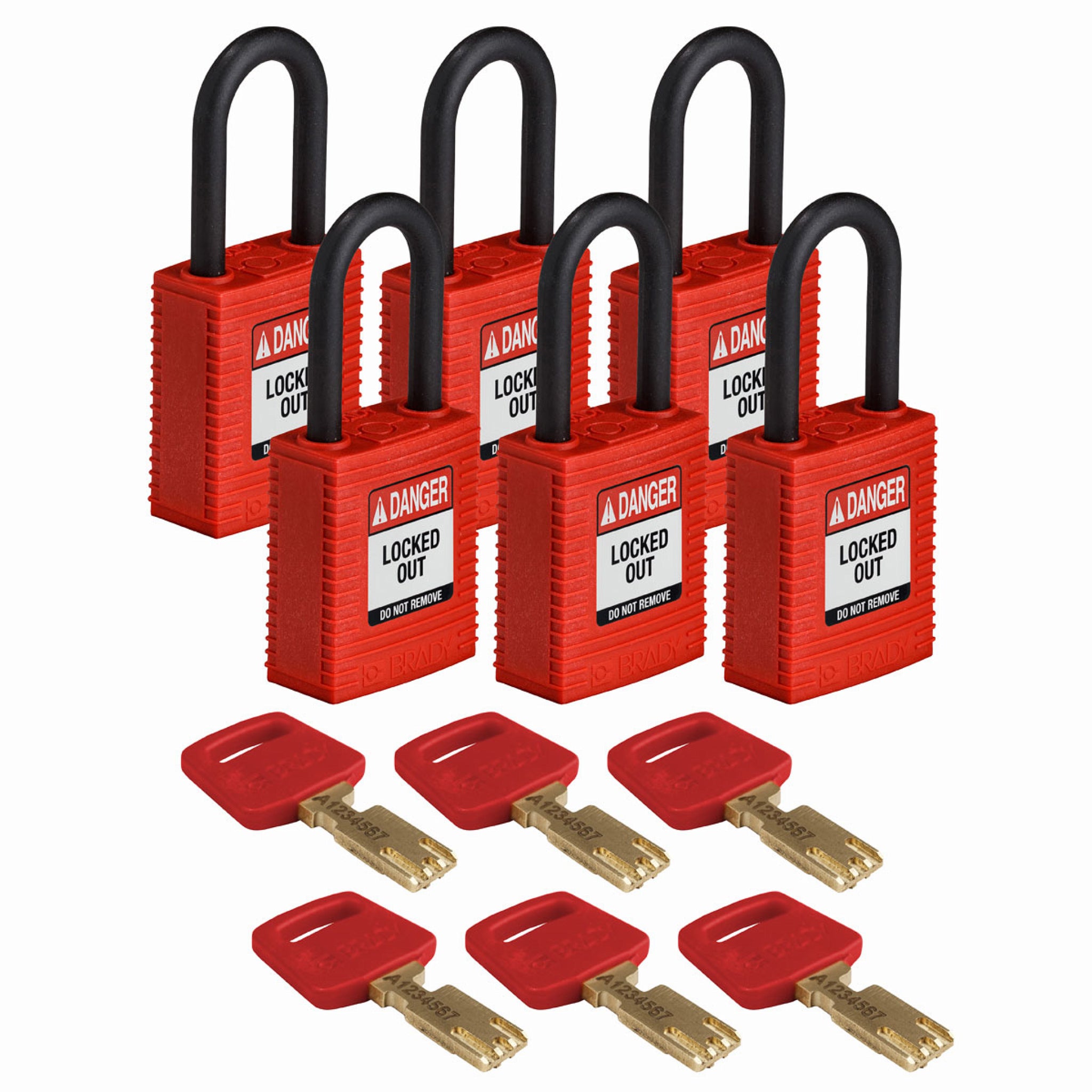 Brady SPCNYL-RED-38PL-KA6PK 38mm SafeKey Nylon Lockout Padlocks, Red, Pack of 6