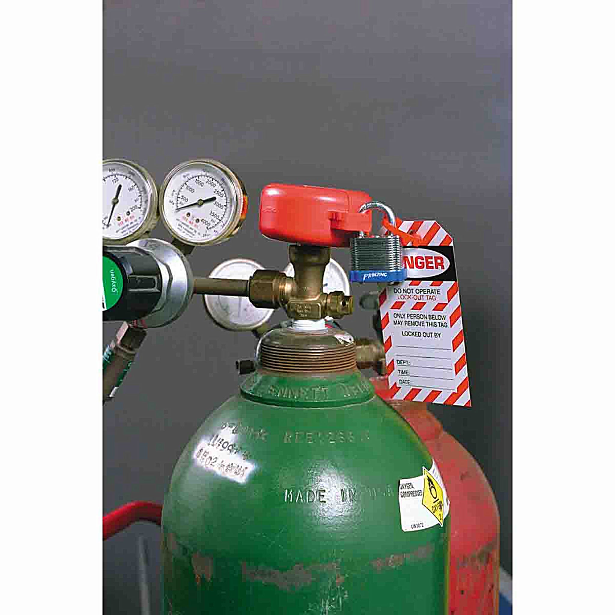 Brady SD02M Cylinder Tank Lockout, Red, On an Oxygen Tank