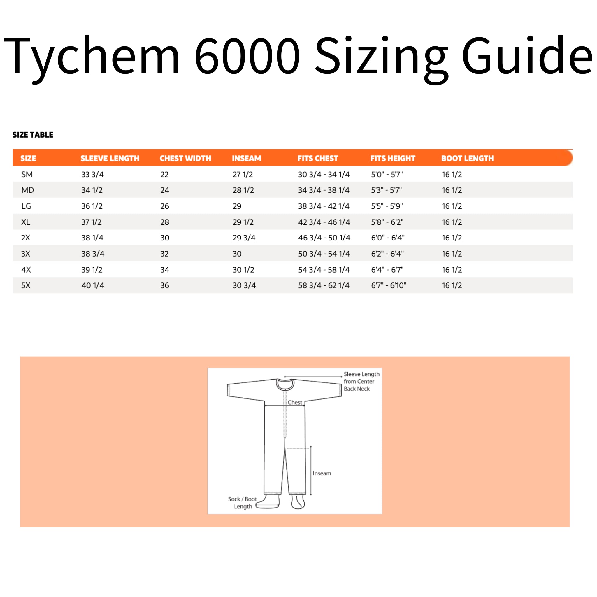 DuPont Tychem 6000 TF169TGY Chemical Protective Coverall, Respirator Fit Hood, Size Guide